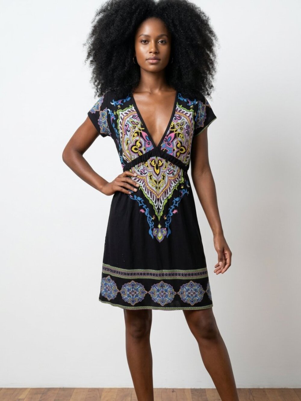 Boho Medallion Print Empire Waist V-Neck Dress | Black | Women's Mini Dress